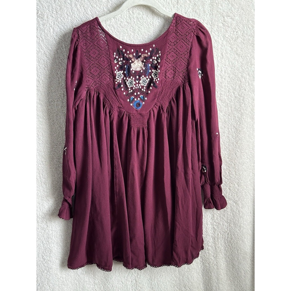 FREE PEOPLE Mohave Embroidered Boho‎ Mini Dress Small Babydoll Plum Burgundy